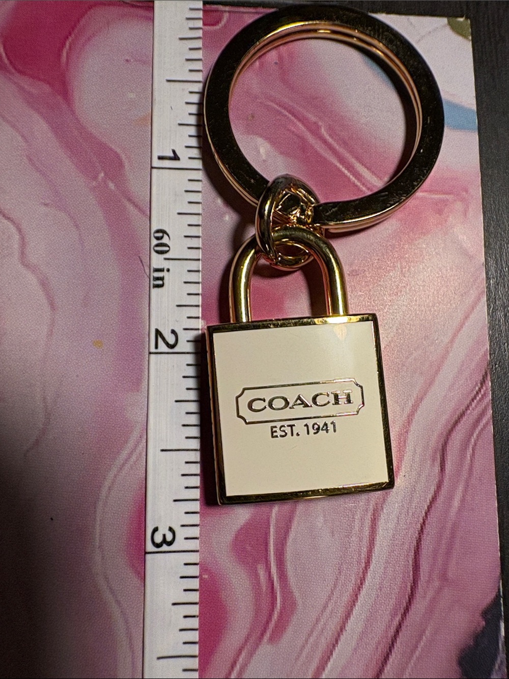 Coach Gold and White Padlock Key Chain